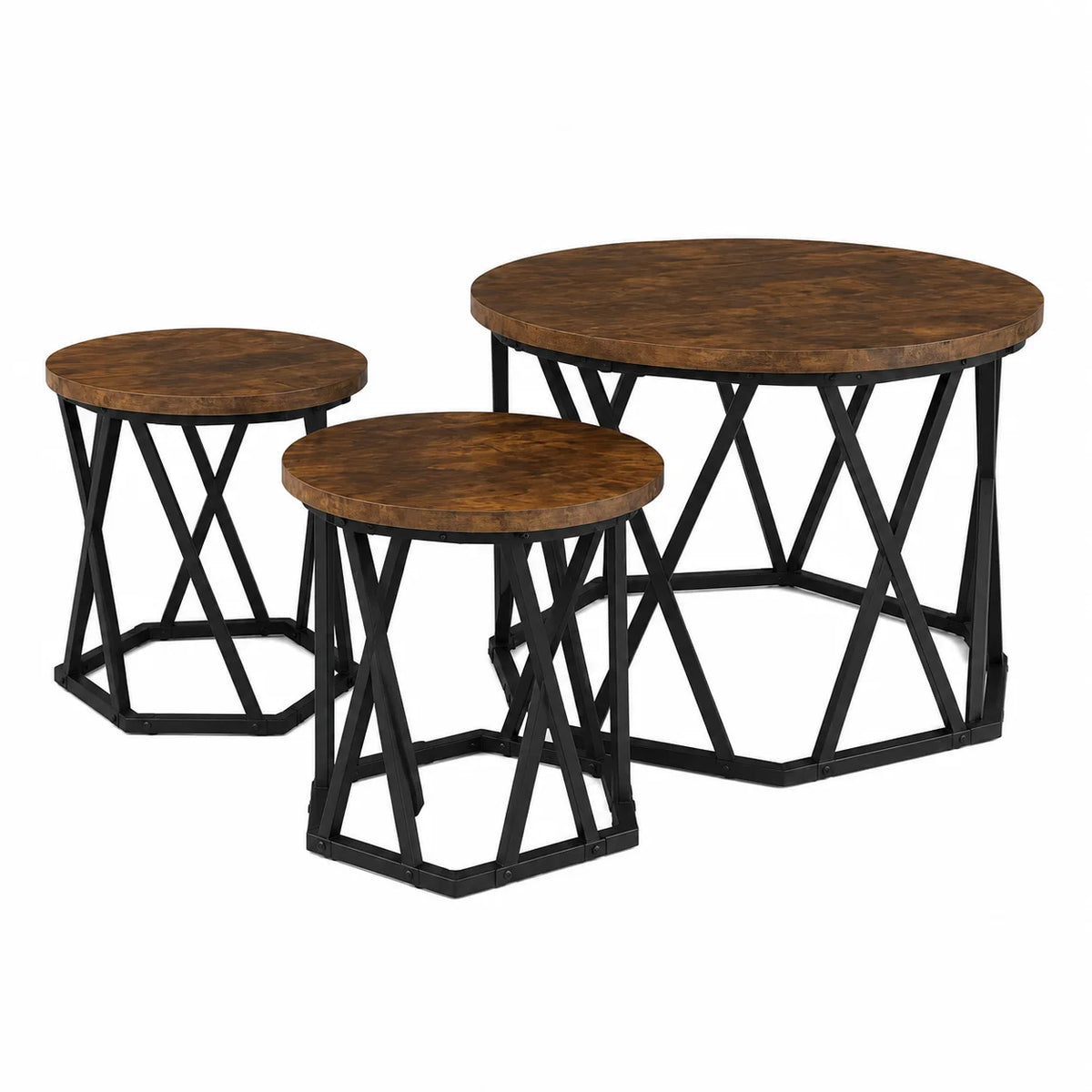 Table basse gigogne lot de 3 rondes bois foncé et métal noir