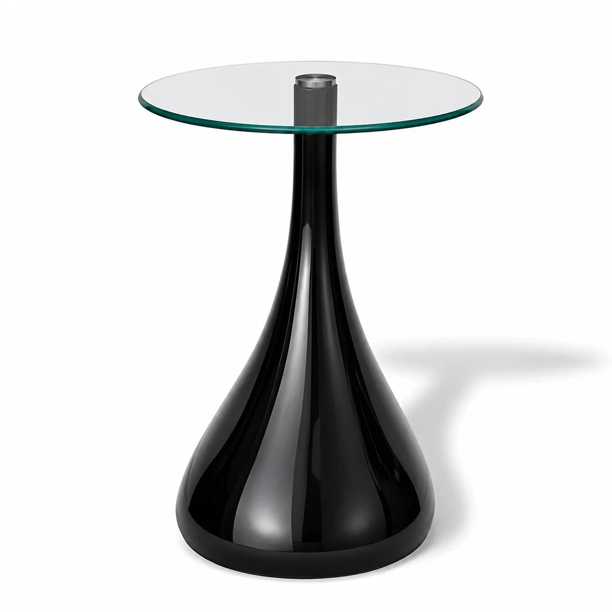 Table basse ronde noire 42 cm, plateau verre et base laquée