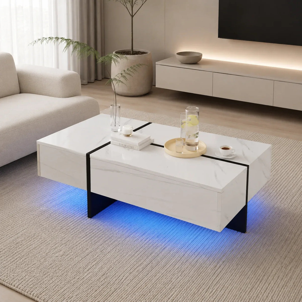 Table basse design led blanche 105 cm avec 3 tiroirs 3 Image