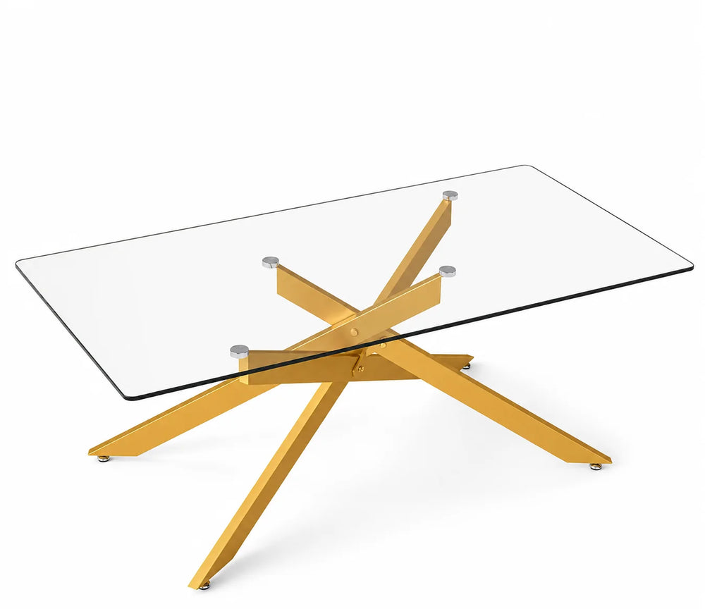 Table basse design doré 100 cm, plateau verre et croisillon