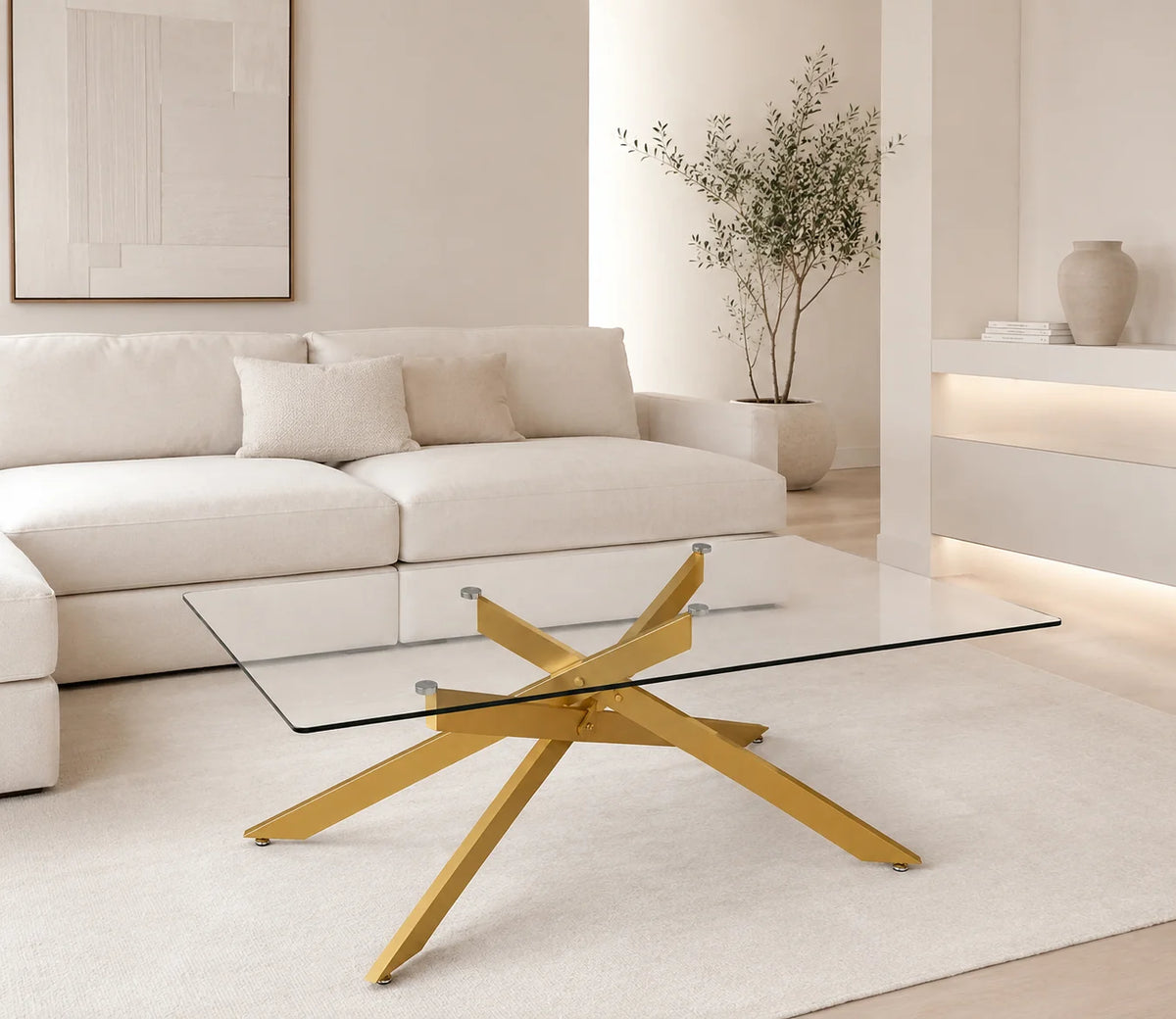 Table basse design doré 100 cm, plateau verre et croisillon