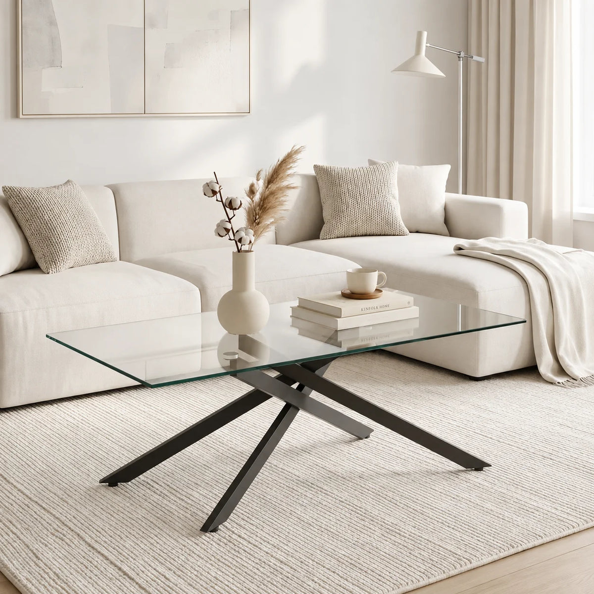 Table basse en verre design 100 cm, piètement acier noir