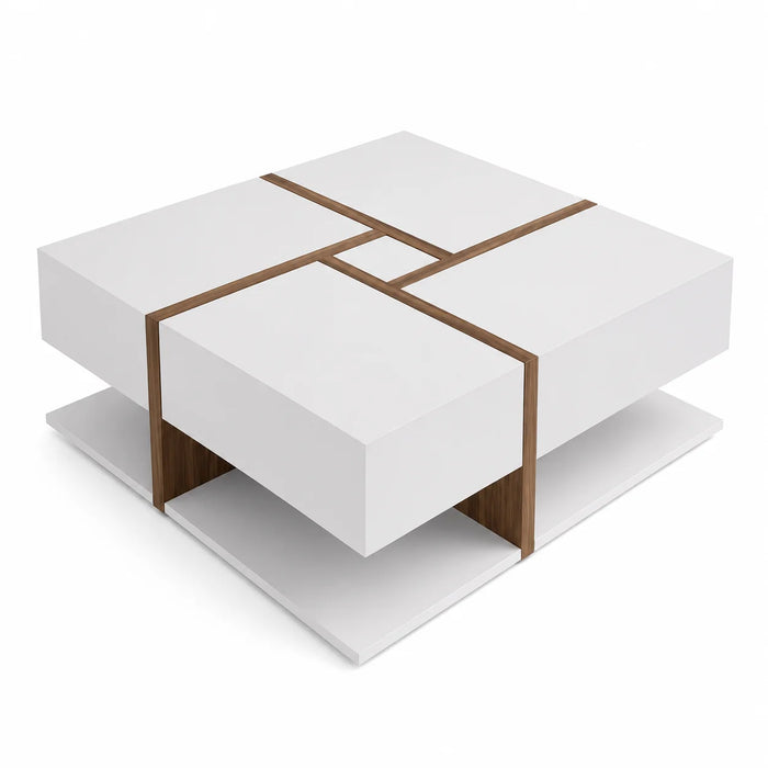 Table basse blanc laqué carrée 78 cm avec 4 tiroirs