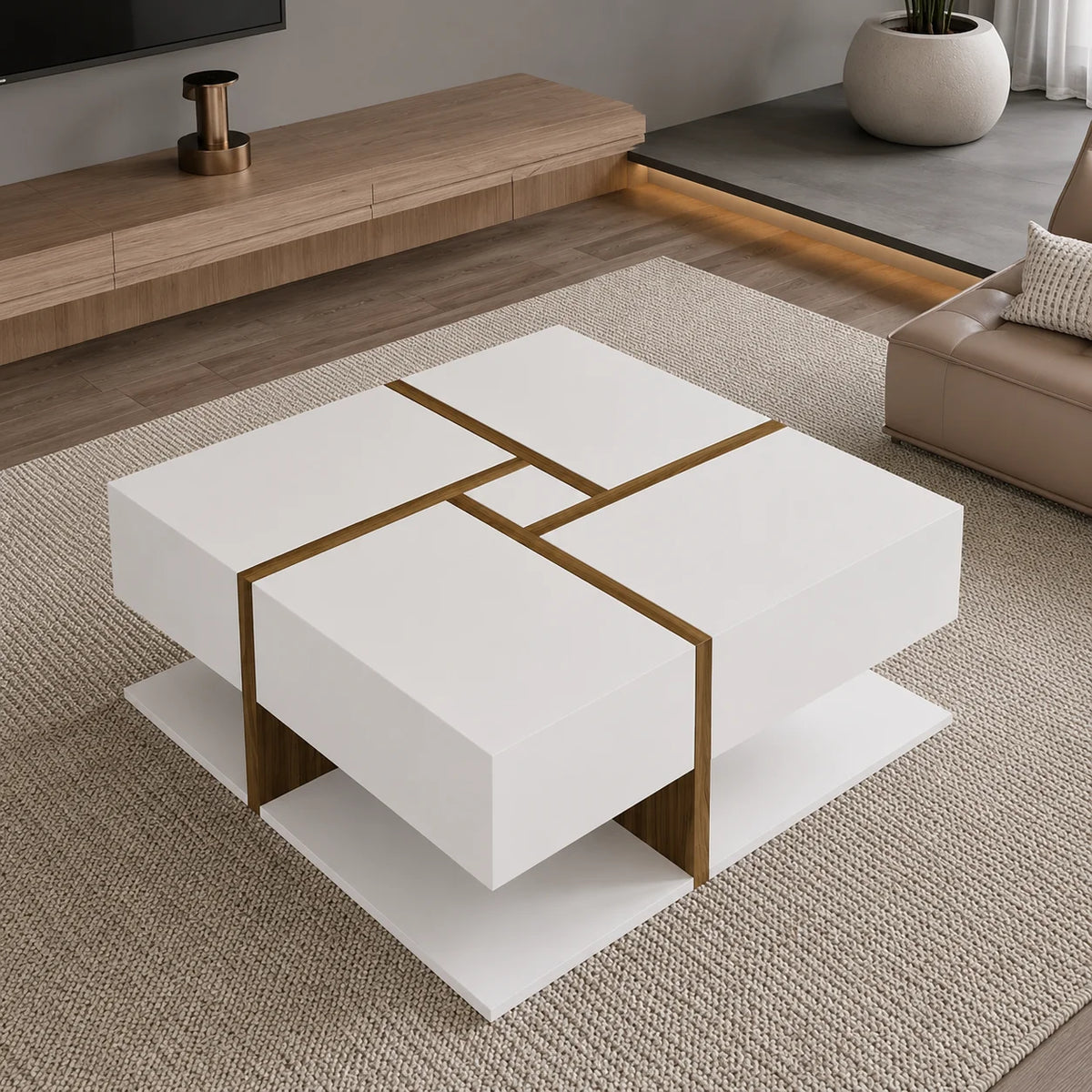 Table basse blanc laqué carrée 78 cm avec 4 tiroirs