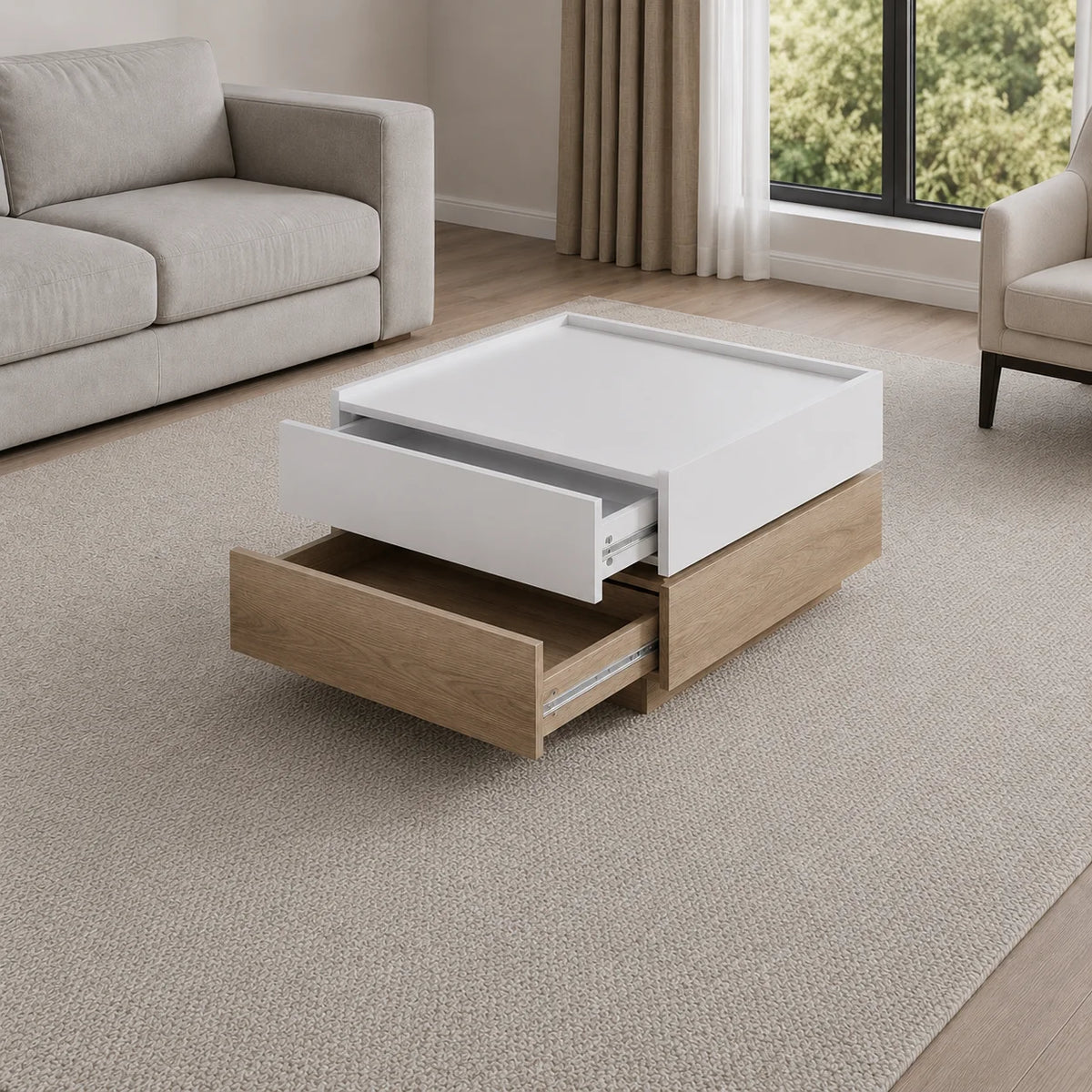 Table basse carrée avec rangement 60 cm plateau pivotant