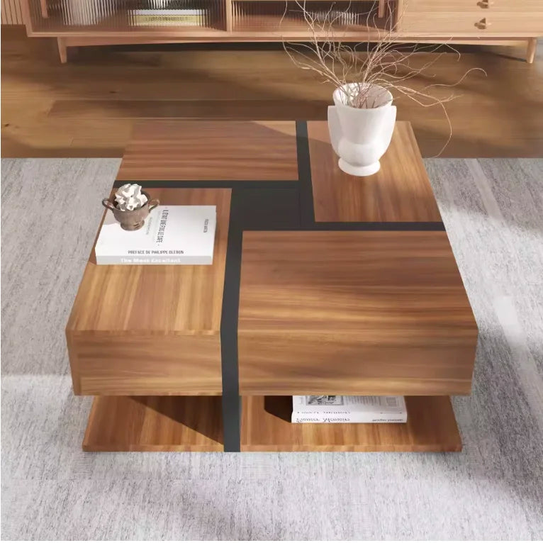 Table basse design carrée 78 cm bois et noir, 4 tiroirs