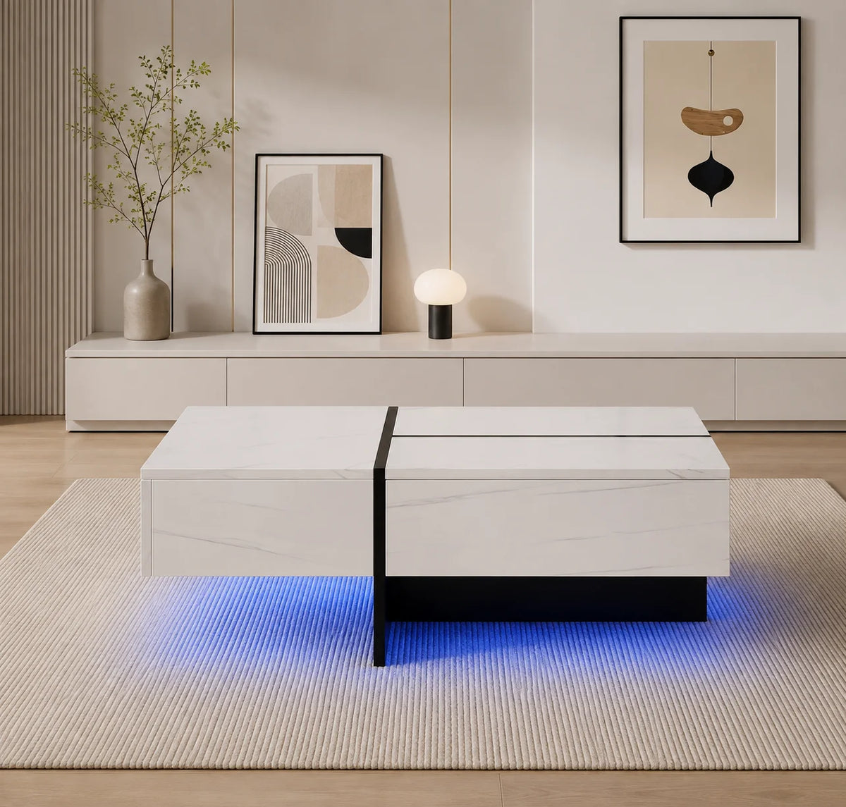 Table basse design led blanche 105 cm avec 3 tiroirs