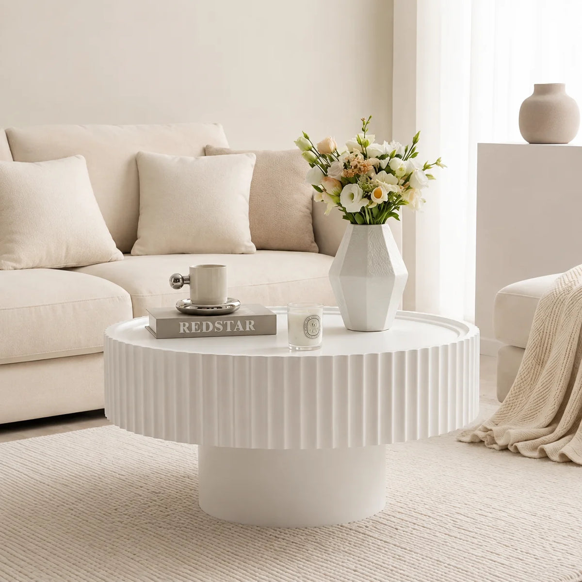 Table basse design ronde blanche Ø 70 cm effet tasseaux