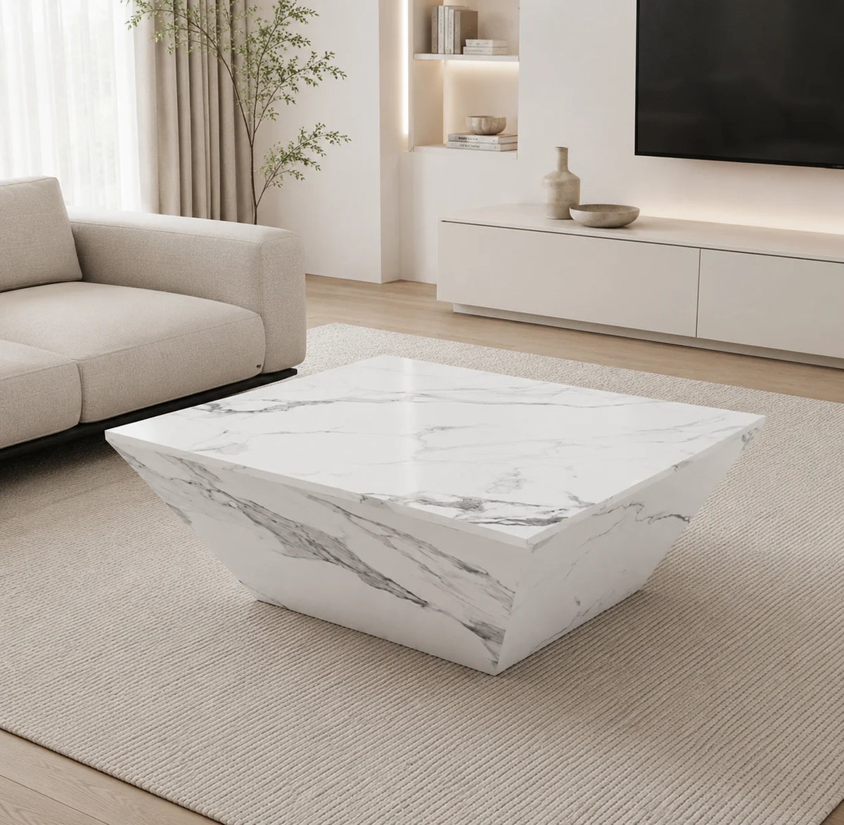 Table basse effet marbre carrée 70 cm avec 2 tiroirs