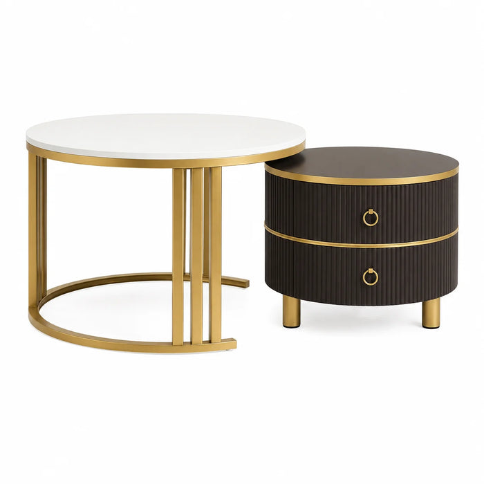 Table basse gigogne avec tiroir ronde noire et dorée lot de 2
