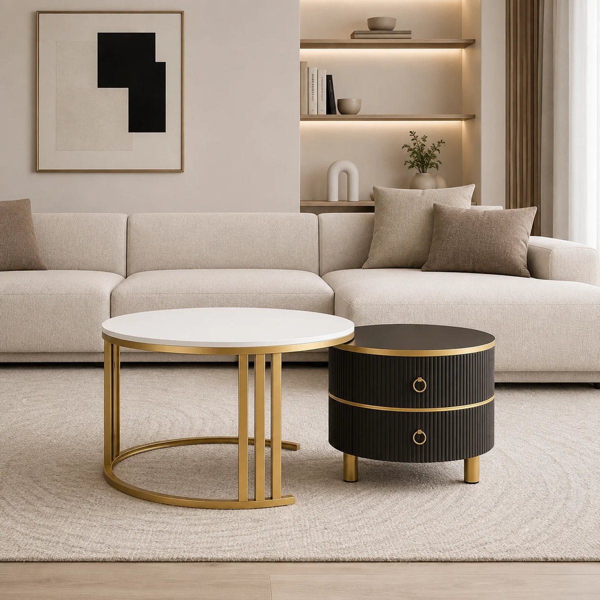 Table basse gigogne avec tiroir ronde noire et dorée lot de 2