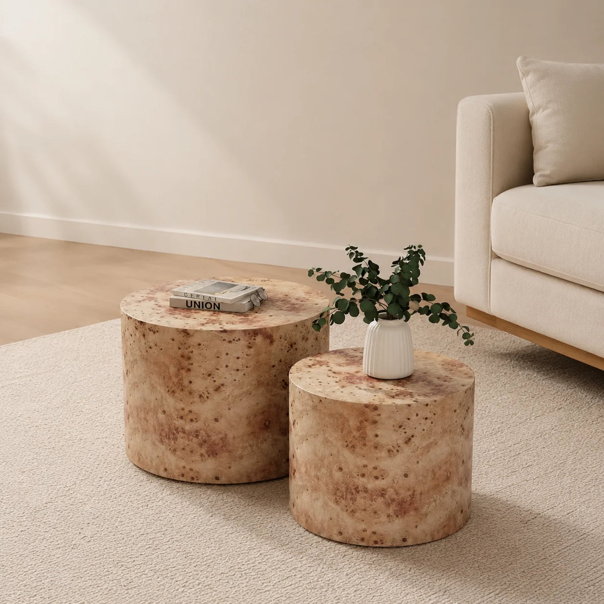 Table basse gigogne beige, lot de 2 Ø 48 et 38 cm