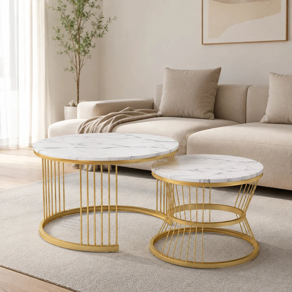 Table basse gigogne blanc et doré lot de 2, Ø 70 et 45