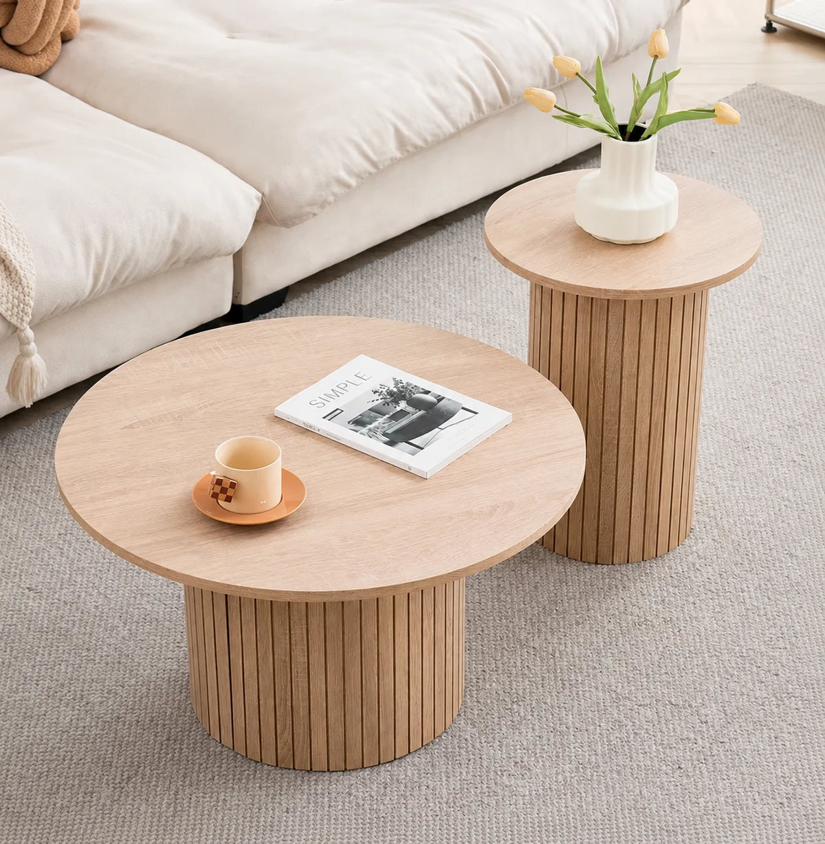 Table basse gigogne bois clair, lot de 2 Ø 70 et 40 cm