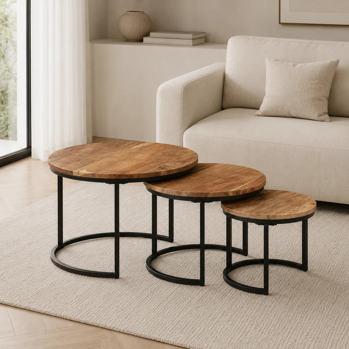 Table basse gigogne bois et noir lot de 3, acacia