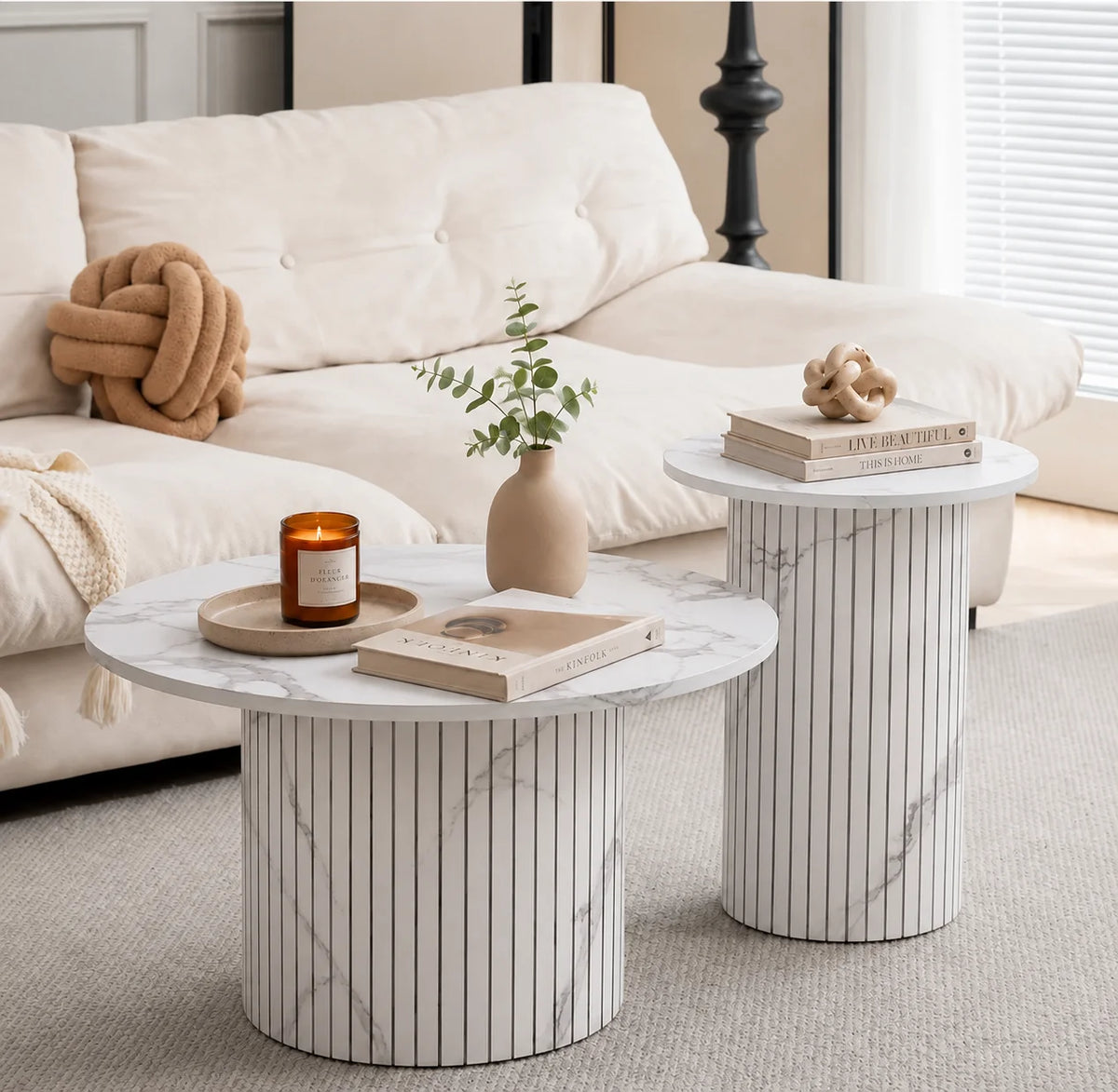 Table basse gigogne effet marbre blanc Ø 70 et 40 cm