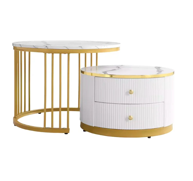 Table basse gigogne empilable ronde blanche et dorée 60 cm
