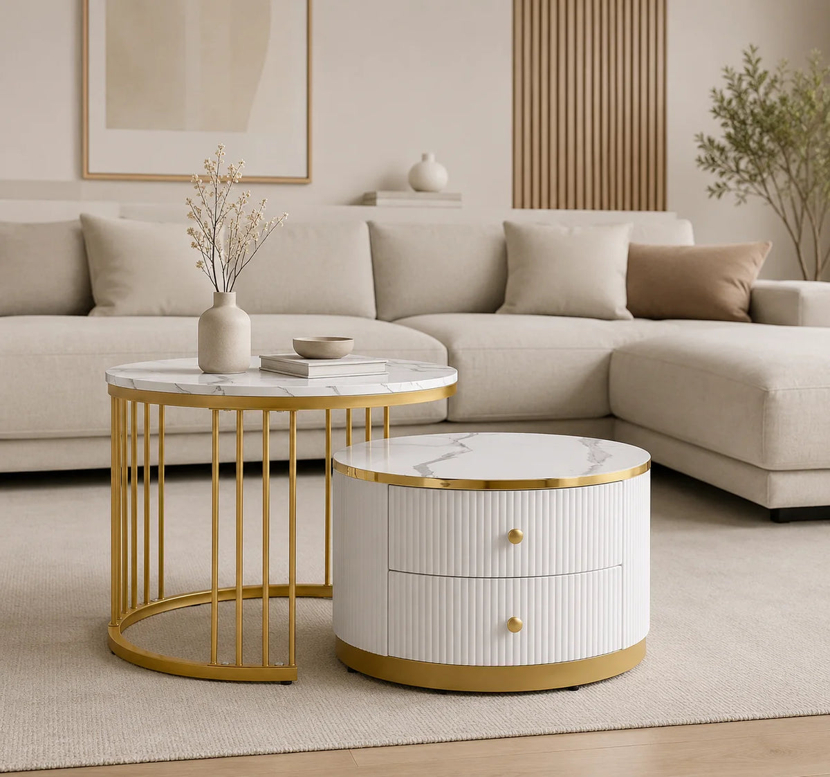 Table basse gigogne empilable ronde blanche et dorée 60 cm
