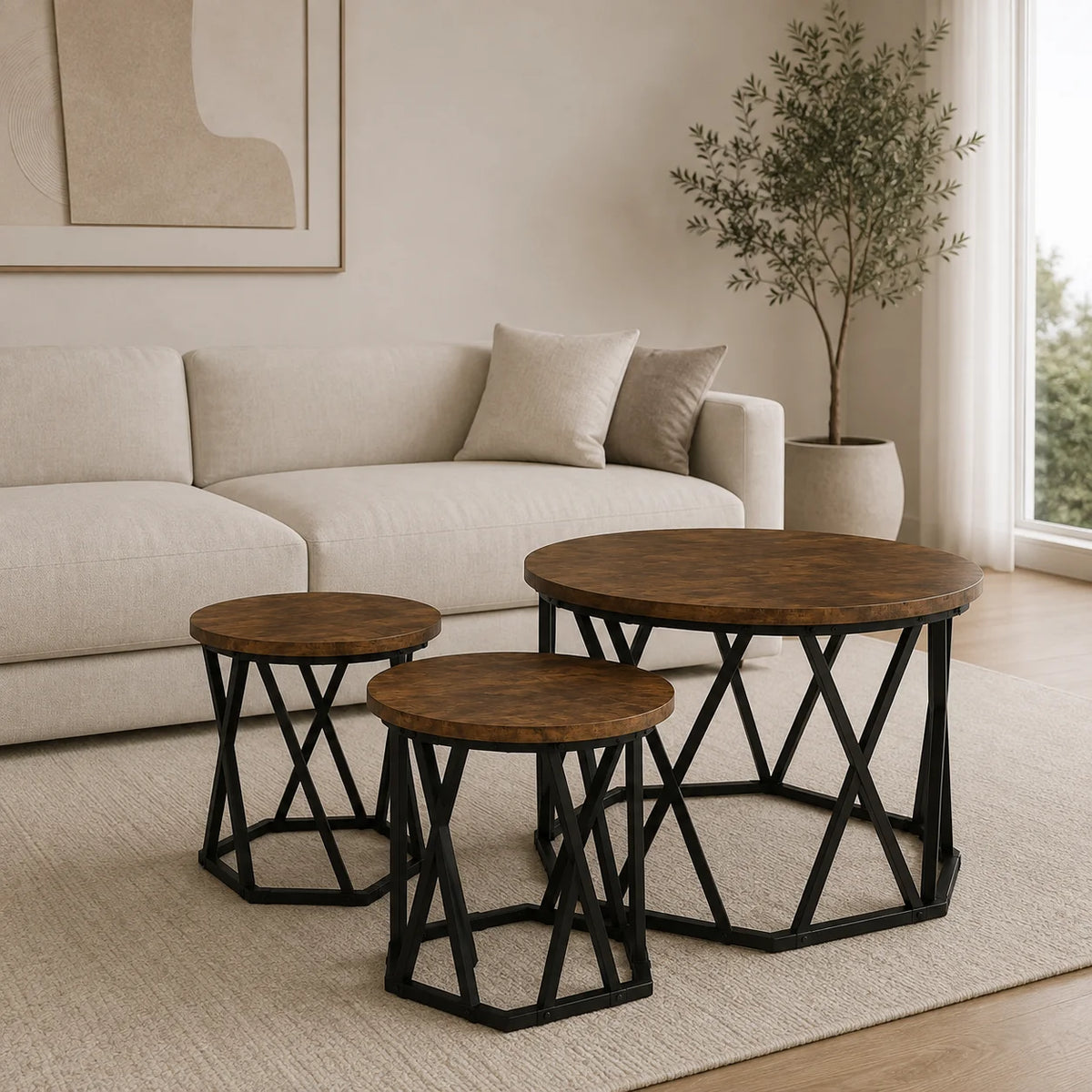 Table basse gigogne lot de 3 rondes bois foncé et métal noir