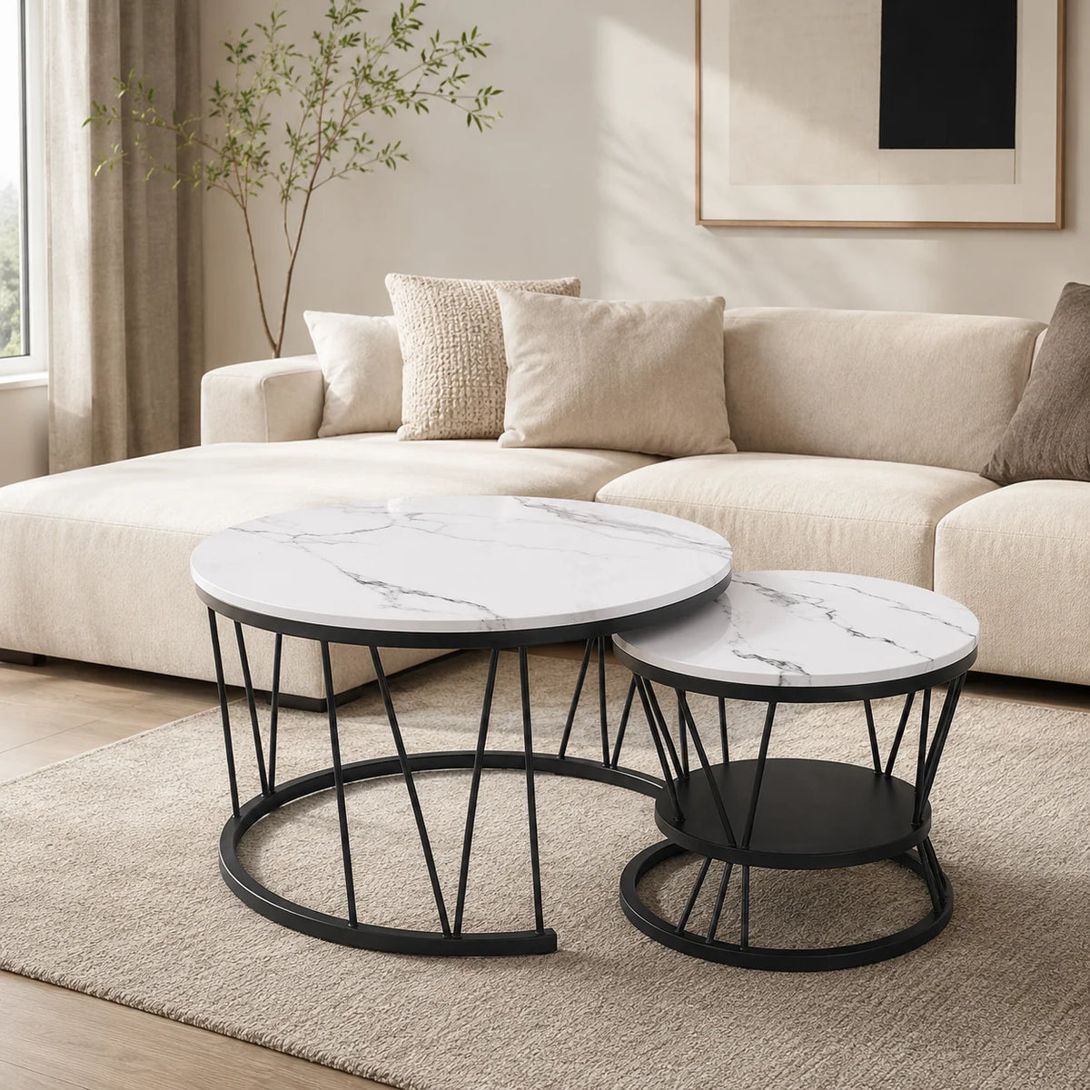 Table basse gigogne métal noir lot de 2, Ø 70 et 45