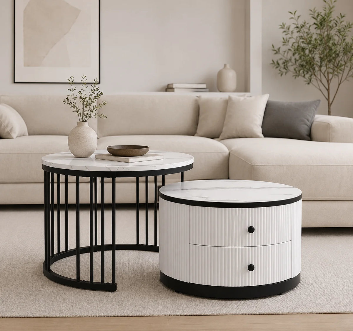 Table basse gigogne noir et blanc ronde 60 cm avec tiroirs