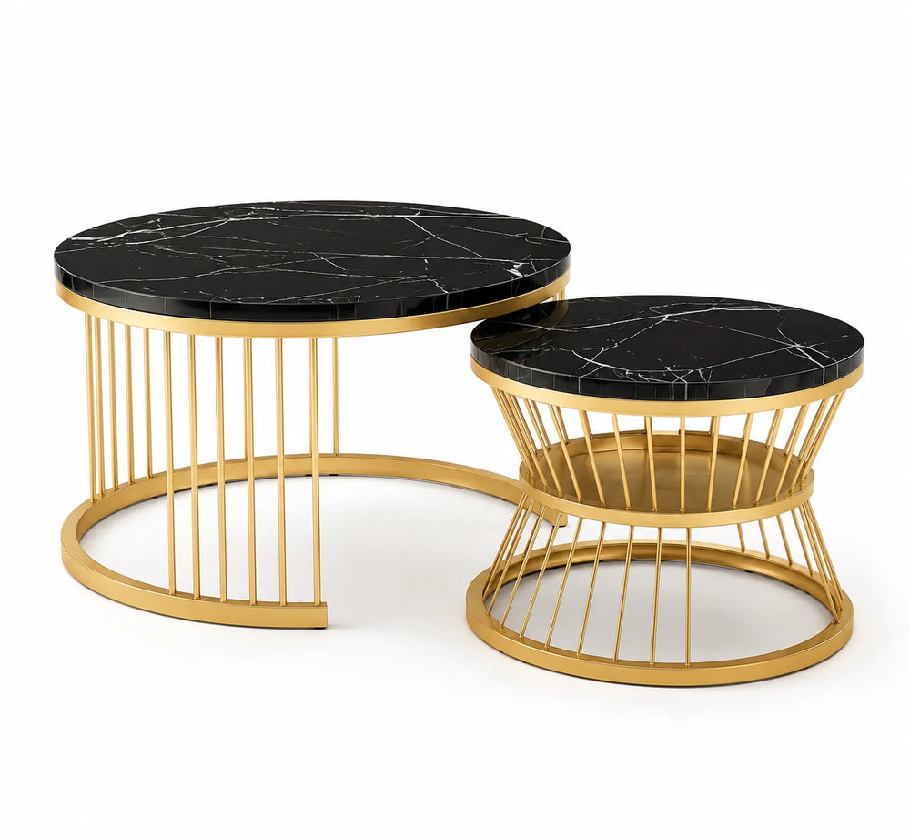 Table basse gigogne noir et doré lot de 2, Ø 70 et 45