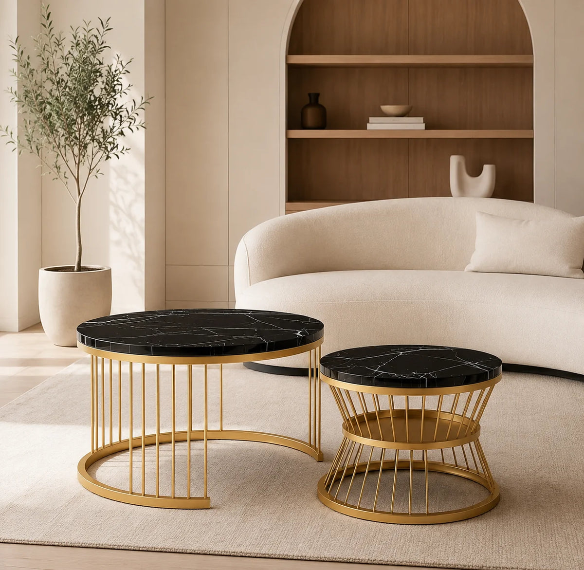 Table basse gigogne noir et doré lot de 2, Ø 70 et 45