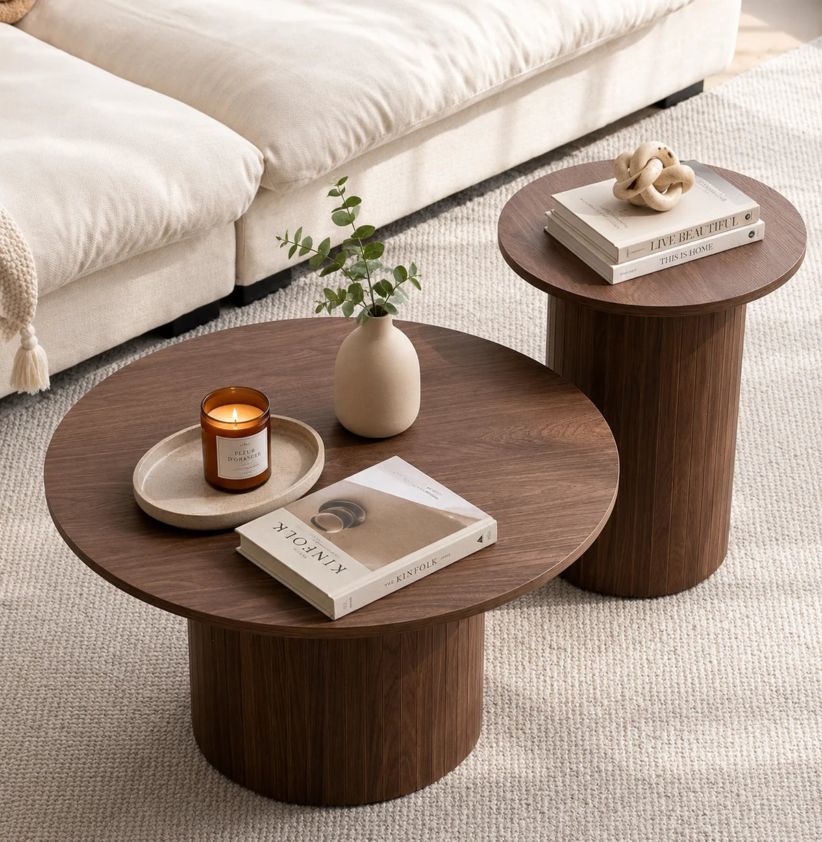 Table basse gigogne ronde en bois, lot de 2 Ø 70 et 40 cm