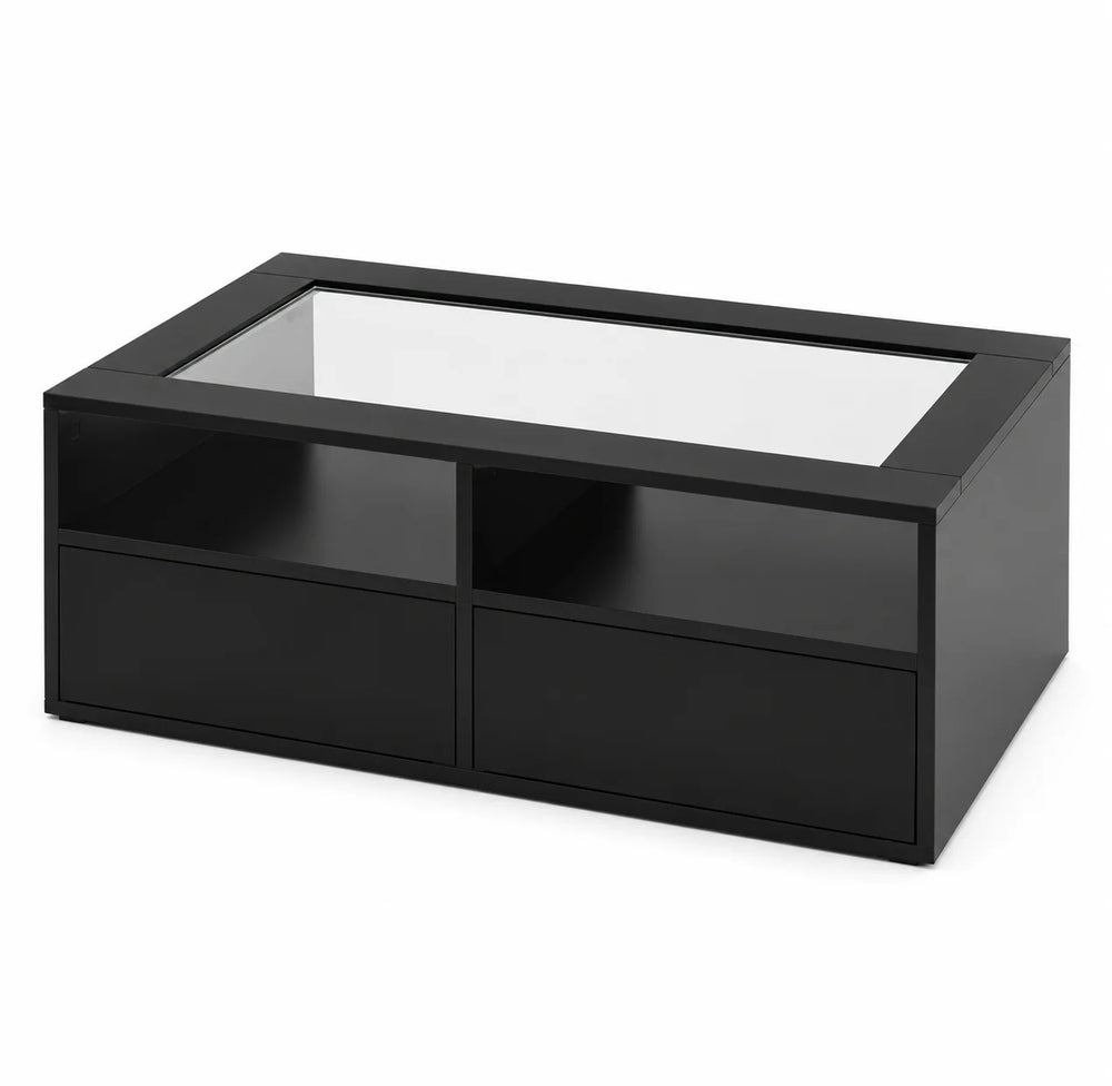 Table basse led noire 100 cm plateau verre et 2 tiroirs