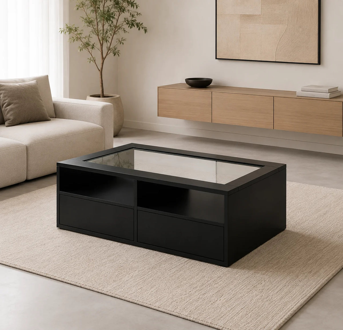 Table basse led noire 100 cm plateau verre et 2 tiroirs