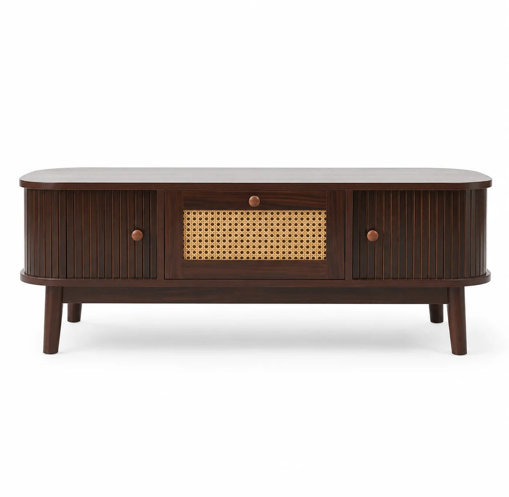 Table basse marron foncé avec rangement 110 cm et cannage