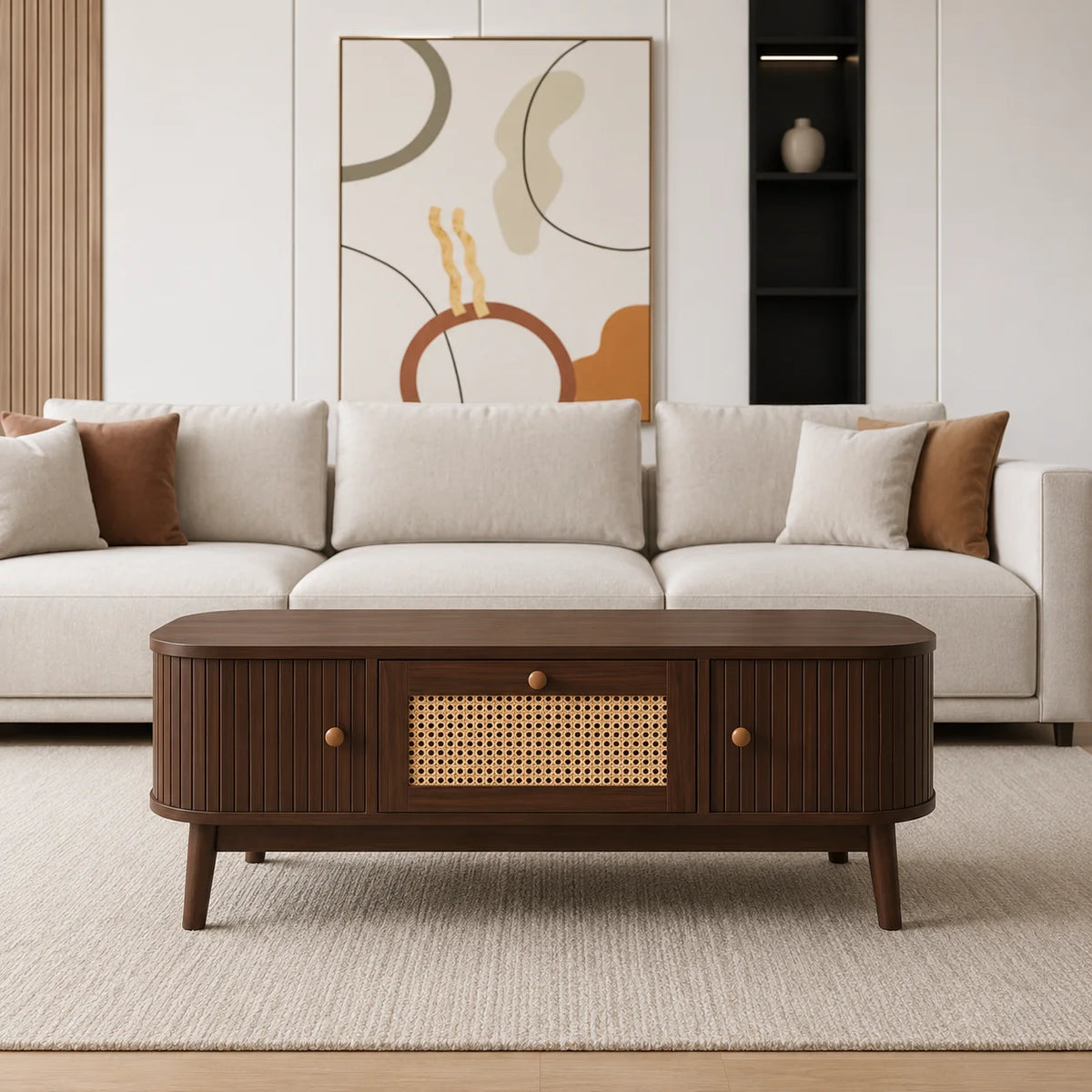 Table basse marron foncé avec rangement 110 cm et cannage