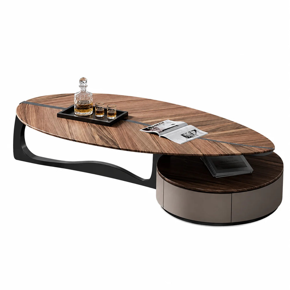 Table basse organique avec rangement 192 cm, bois et métal