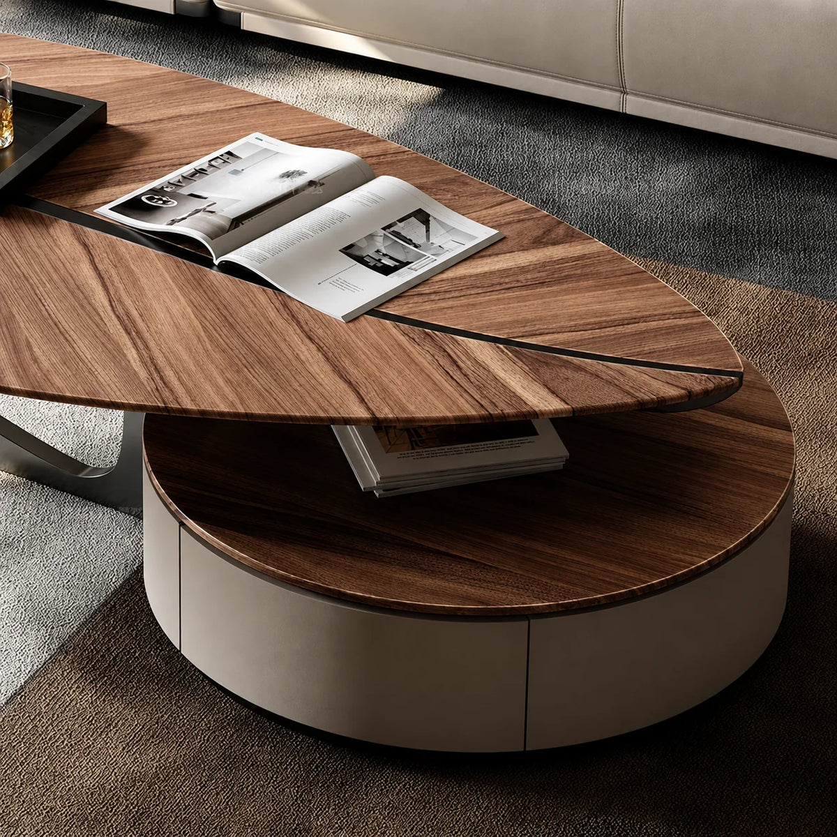 Table basse organique avec rangement 192 cm, bois et métal