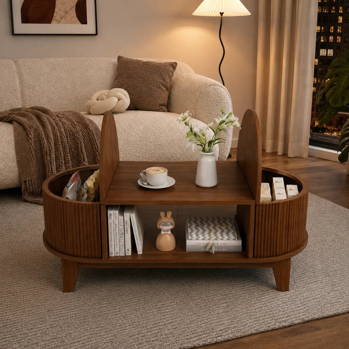 Table basse ovale avec rangement 100 cm noyer à rabat