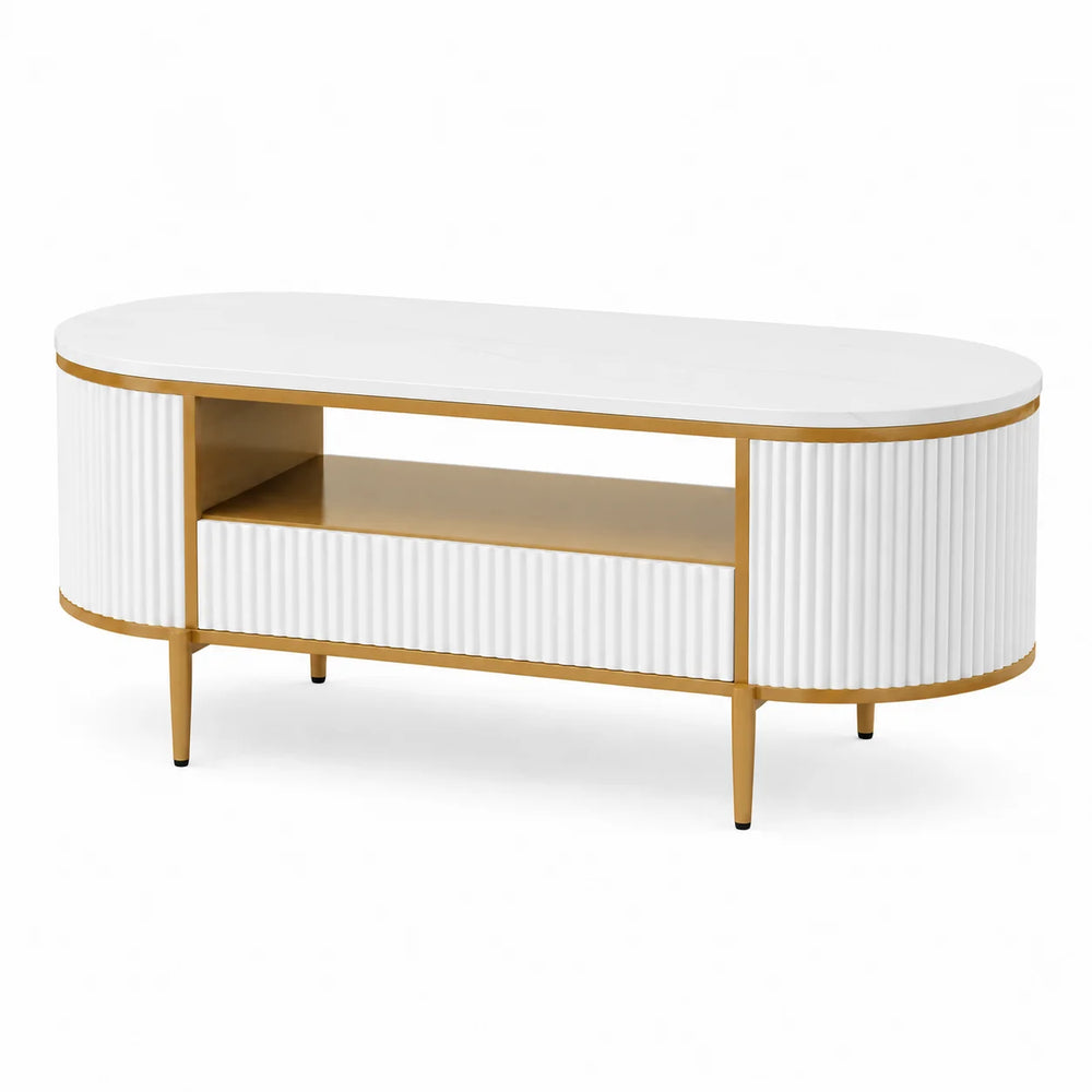 Table basse ovale blanche et bois 122 cm avec rangement