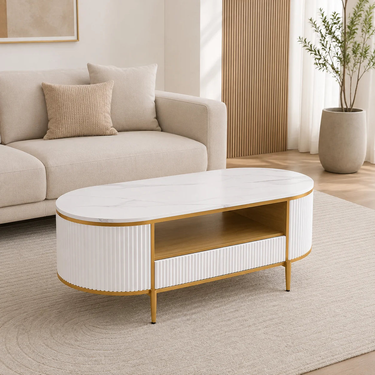 Table basse ovale blanche et bois 122 cm avec rangement