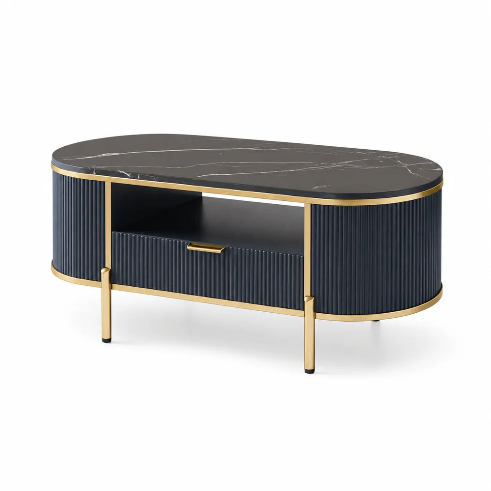 Table basse ovale design 122 cm bleu nuit avec rangement