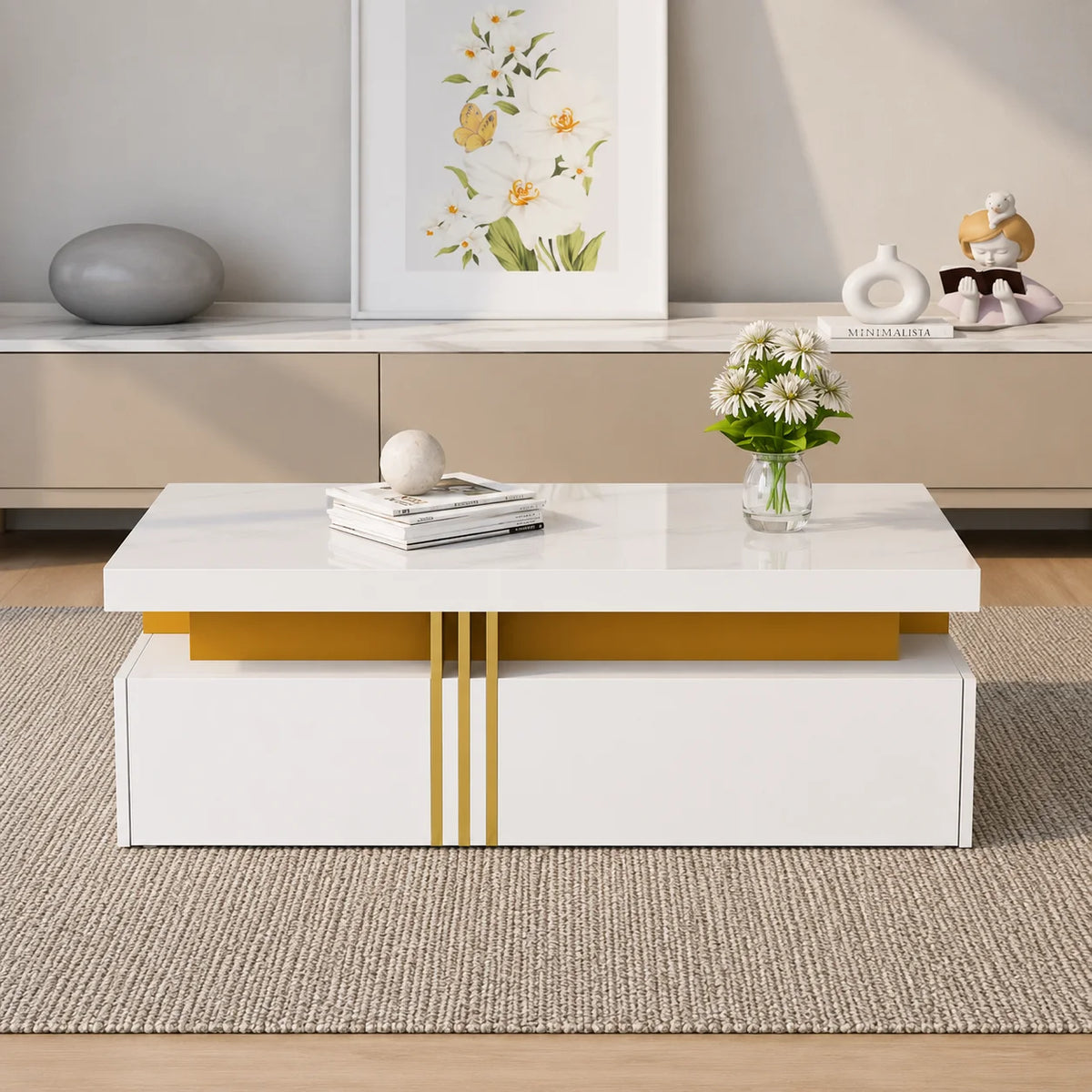 Table basse rectangulaire blanche 100 cm, 2 tiroirs et doré