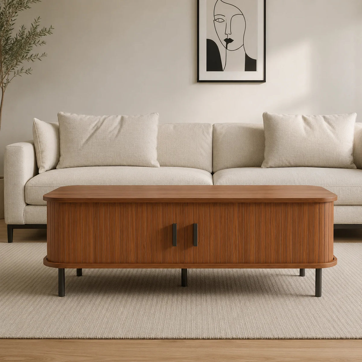 Table basse rectangulaire bois et noir 120 cm à portes coulissantes