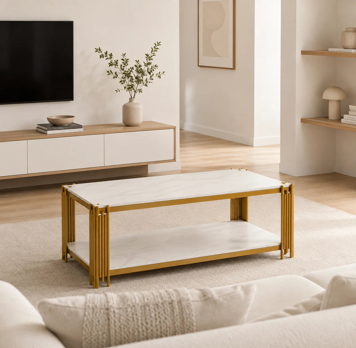 Table basse rectangulaire dorée effet marbre, deux niveaux