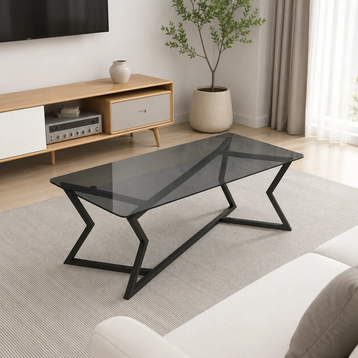 Table basse rectangulaire en verre 110 cm, piètement métal noir