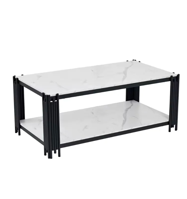 Table basse rectangulaire métal noir, deux niveaux effet marbre