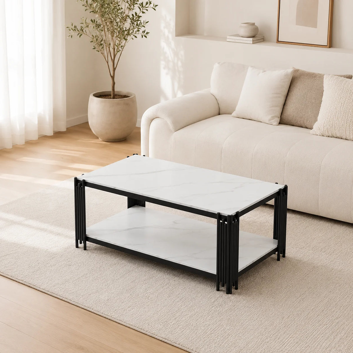 Table basse rectangulaire métal noir, deux niveaux effet marbre