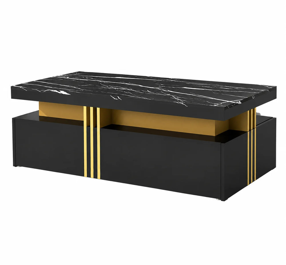 Table basse rectangulaire noire 100 cm, 2 tiroirs et doré