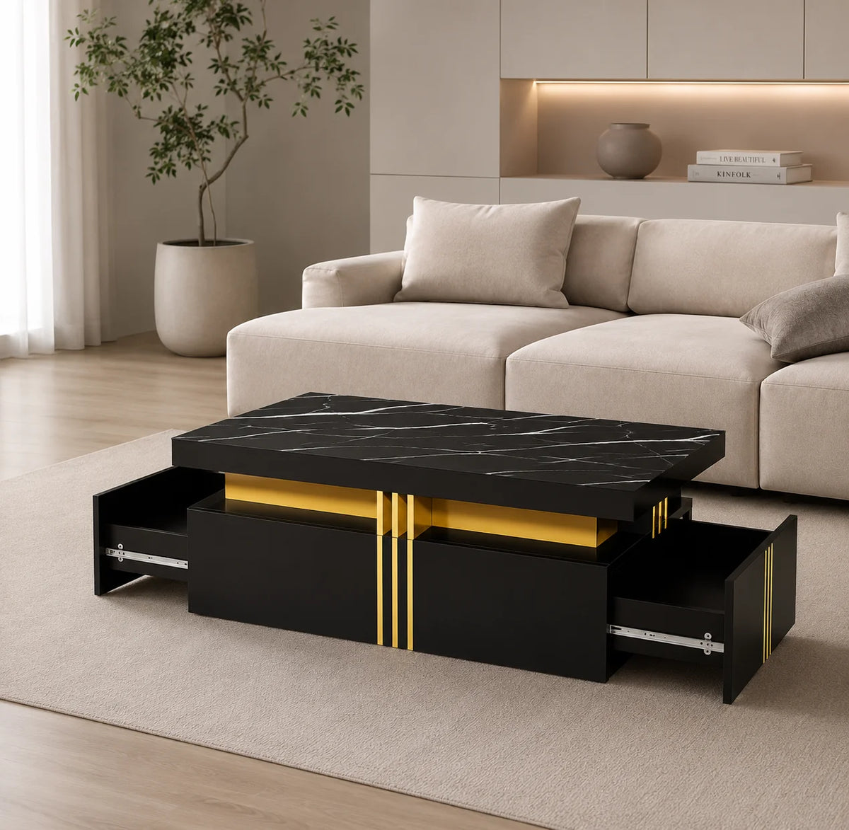 Table basse rectangulaire noire 100 cm, 2 tiroirs et doré