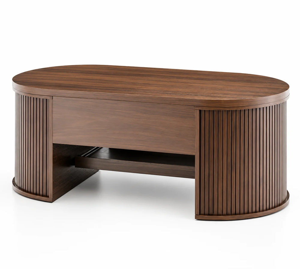 Table basse relevable arrondie en bois 110 cm, côtés cannelés