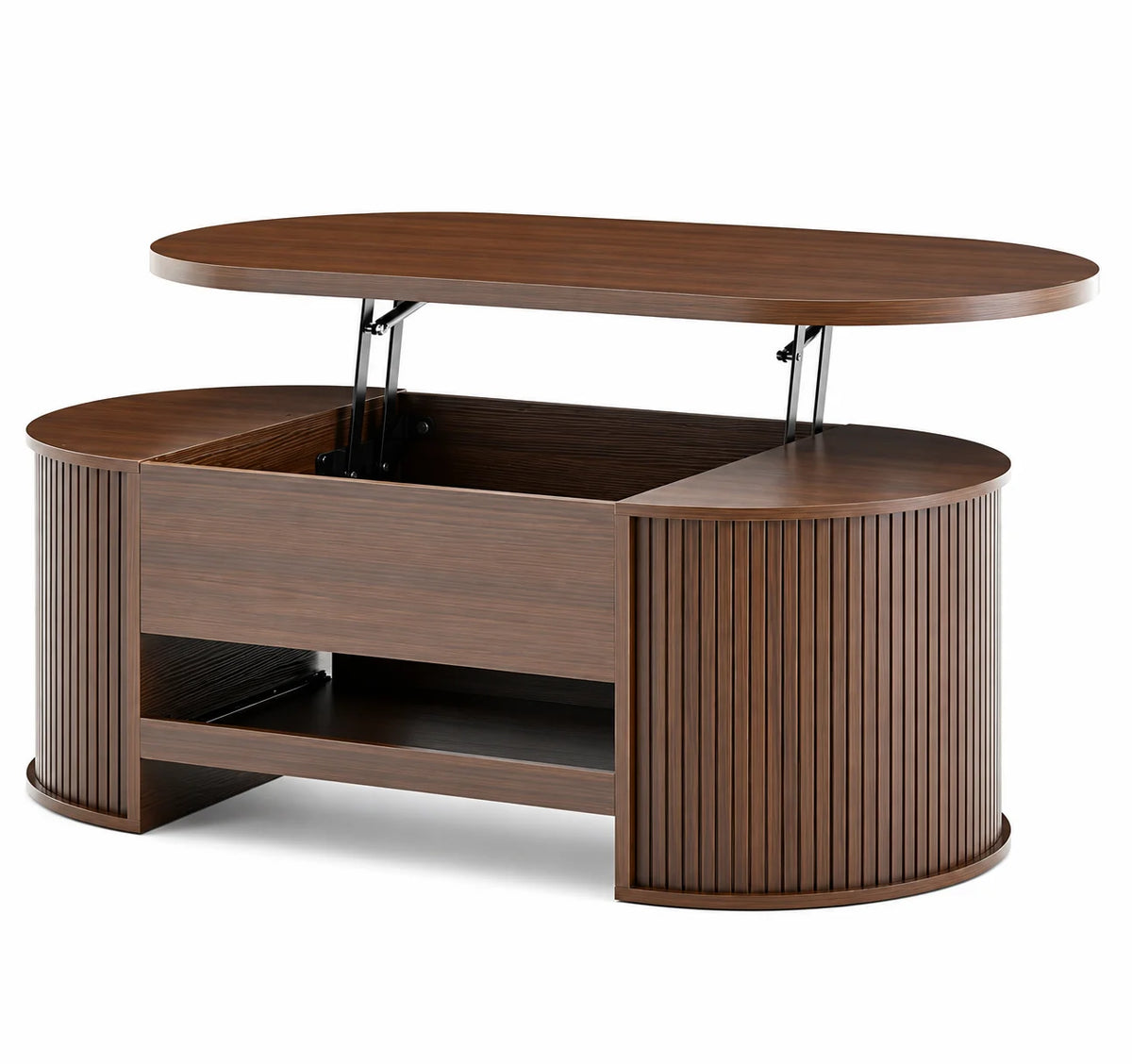 Table basse relevable arrondie en bois 110 cm, côtés cannelés