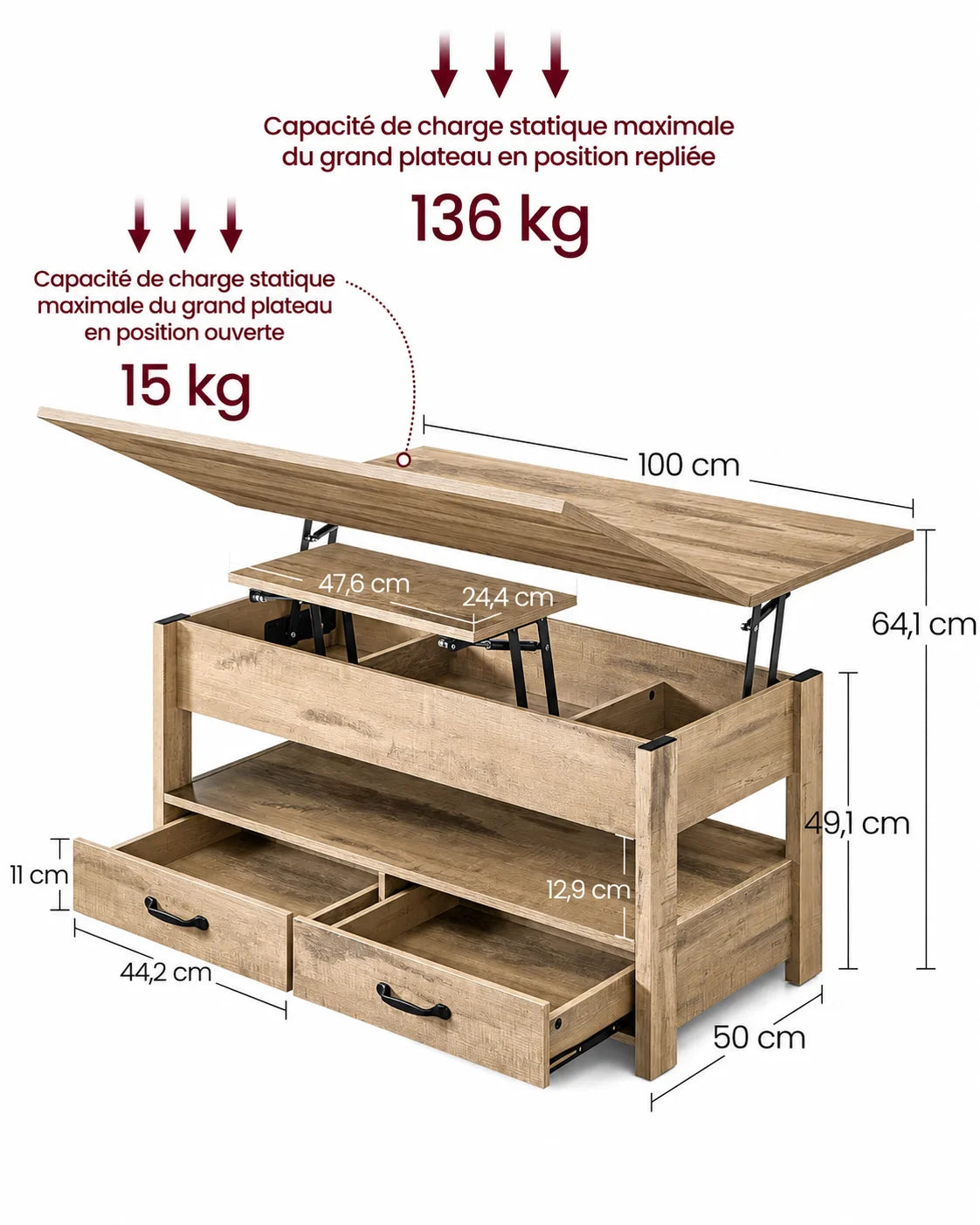 Table basse relevable avec rangement 100 cm bois clair
