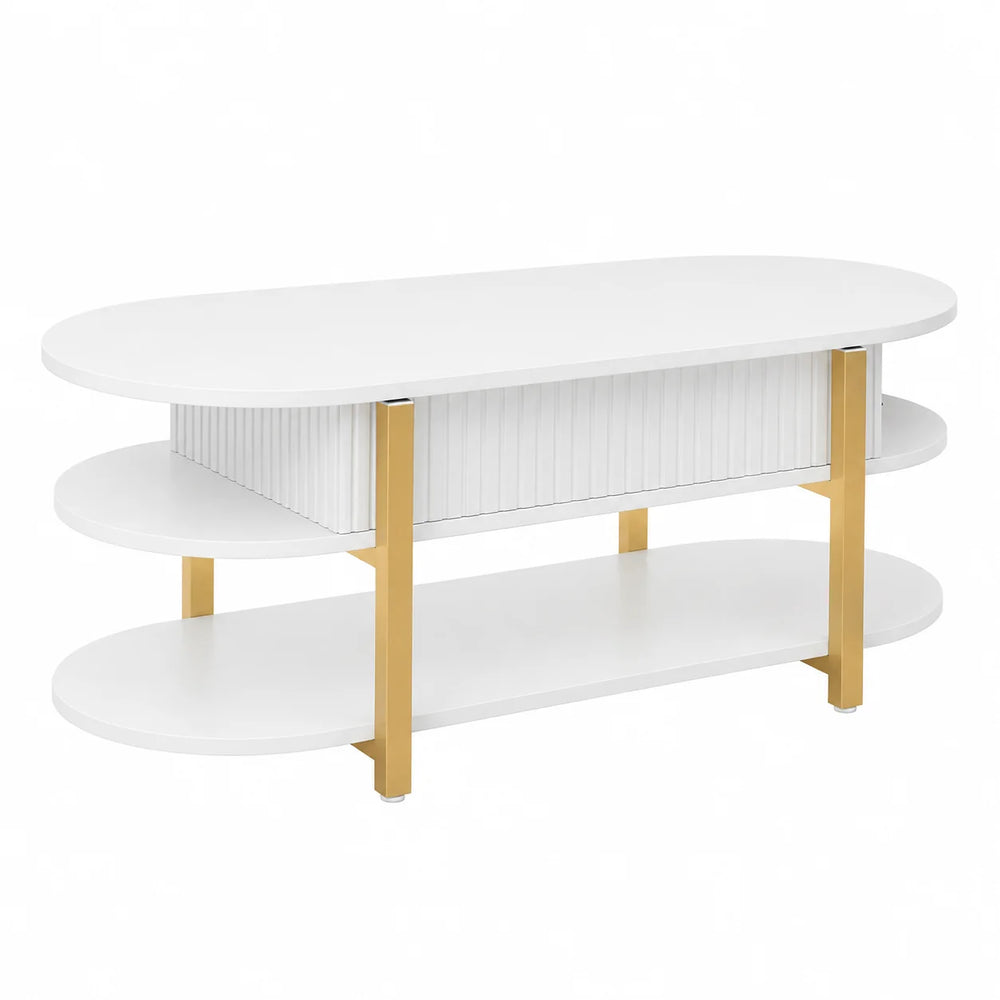Table basse relevable blanche ovale 106 cm et métal doré